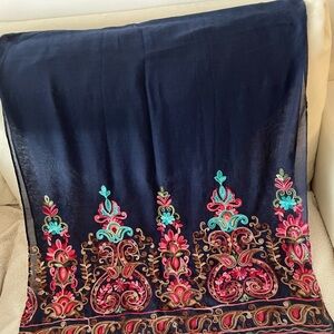 New Navy Blue Multicolored Large Cotton Embroidered Shawl 28”x 72”.